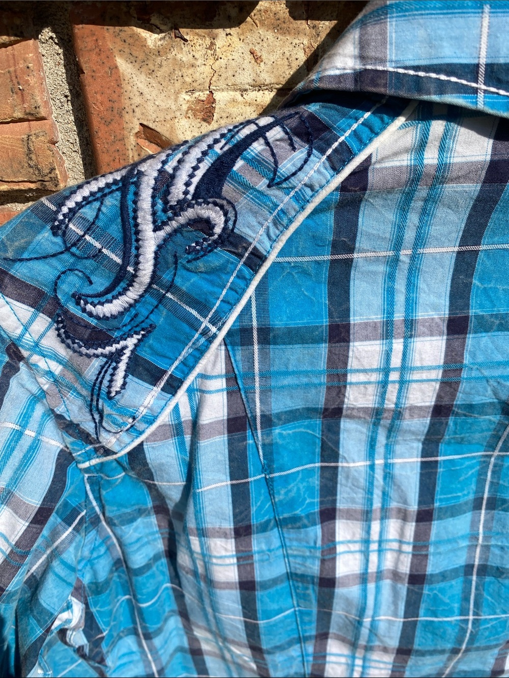 Panhandle Slim Teal and White Plaid Western Snap Shirt S - Picture 4 of 7